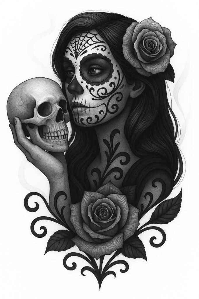 Girl with sugar skull makeup in black and grey, holding a skull, with roses, hair and vines; project concept; suitable for cover-up.