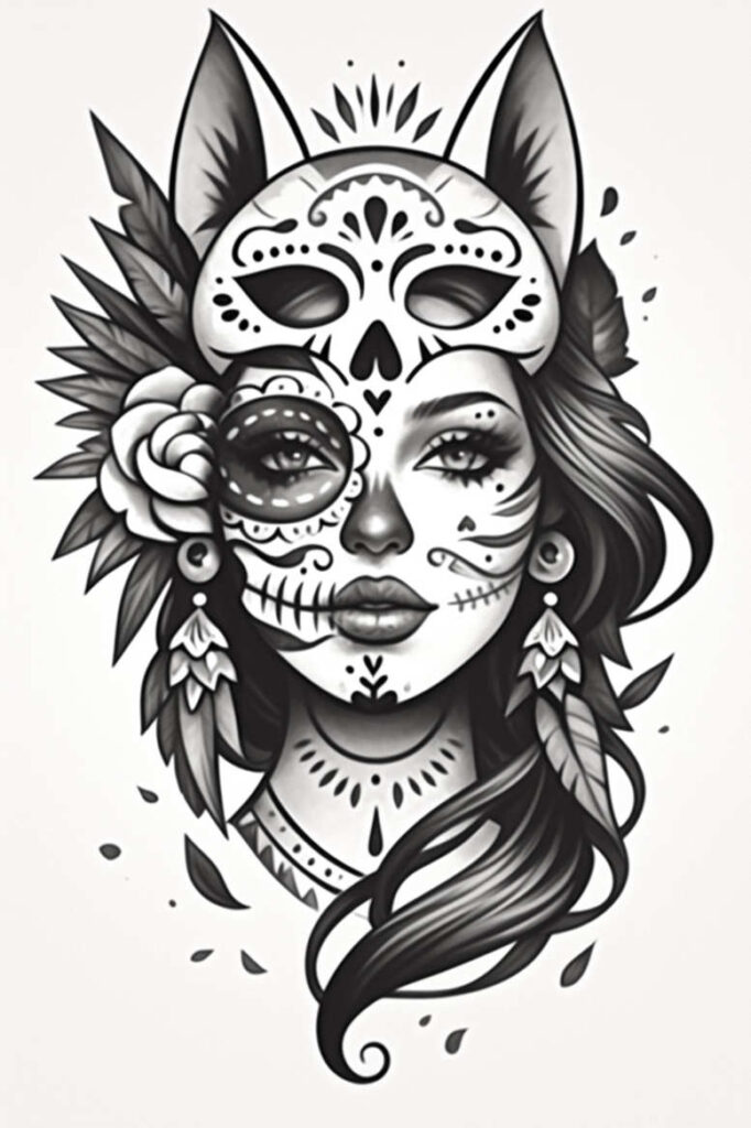 Sugar skull mask over a woman's black and grey face with rose, feather accents, and flowing hair; AI-generated tattoo project, cover-up ready.