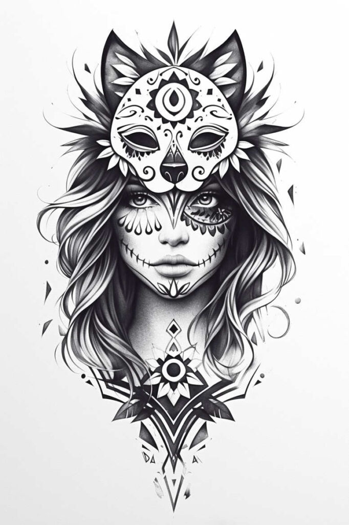 Portrait of a woman wearing a sugar skull mask with feathers, black-and-grey shading; cover-up-ready tattoo project.