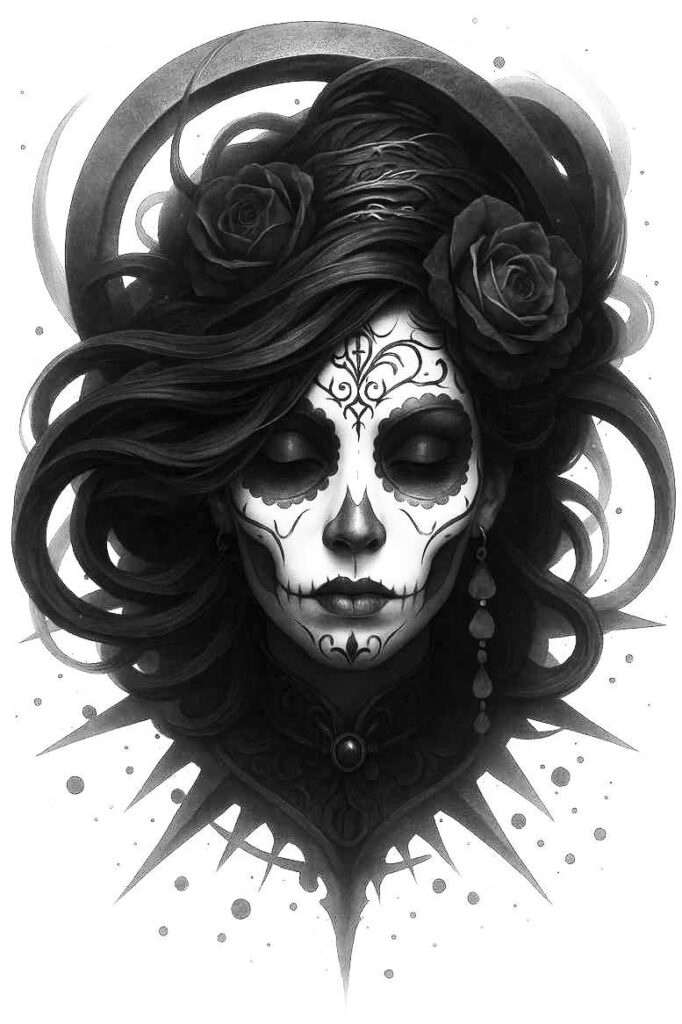 Black and grey face with sugar skull makeup, roses in hair, earring, and necklace; AI-generated tattoo project; cover-up ready.