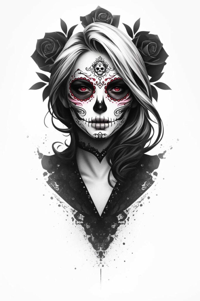Face in black and grey with Day of the Dead sugar skull makeup, red accents, roses around the head, flowing hair, and a dark jacket; pattern-rich, AI-generated tattoo project; cover-up-ready.