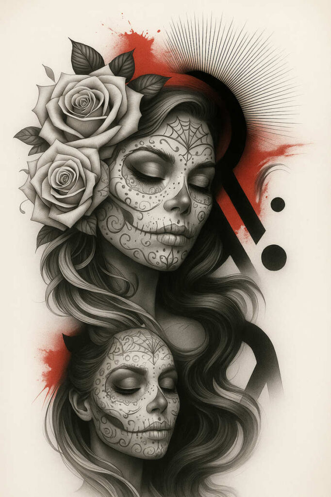 Two faces with sugar skull makeup in black and grey, roses in the hair, flowing hair, geometric shapes, and red accents; cover-up tattoo design concept.