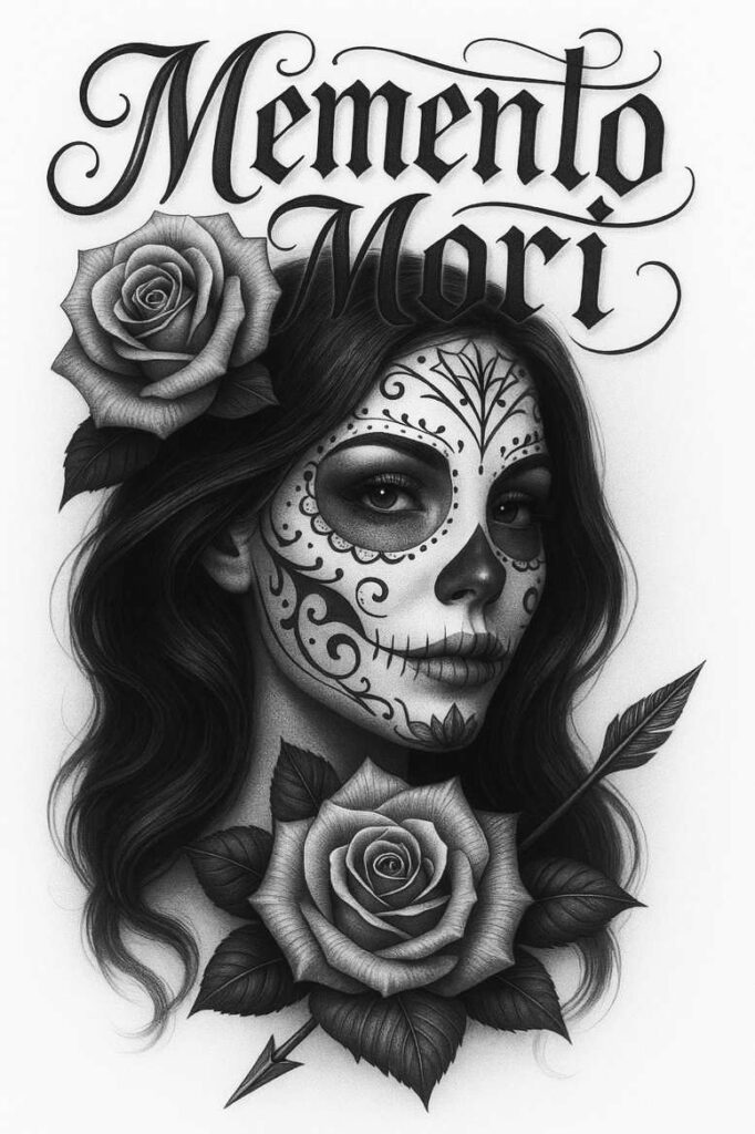 Black and grey portrait of a woman with sugar skull makeup, roses, leaves, and Memento Mori text; AI-generated tattoo project; cover-up-ready.
