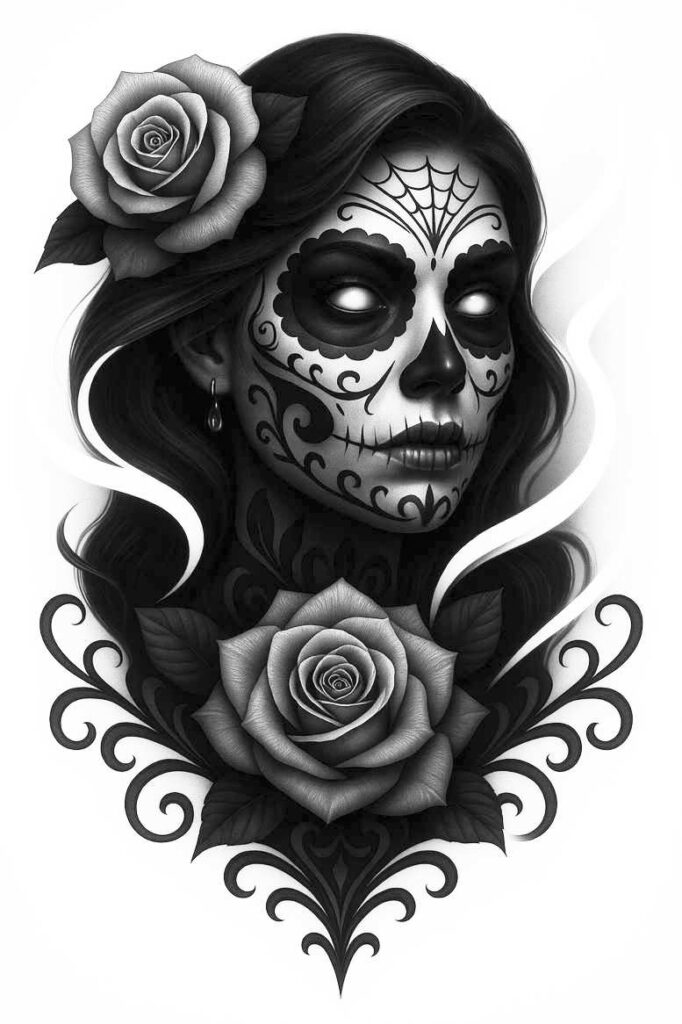 Face in sugar skull makeup with two roses and an earring, black and grey tattoo design concept; AI-generated cover-up project.