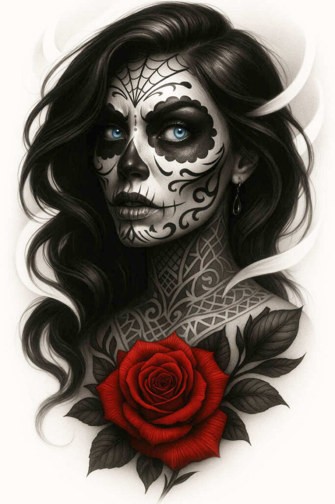 Sugar skull face in black and grey with ornate filigree, blue eyes, dark hair, and a red rose on the chest; AI-generated tattoo project; suitable for a cover-up.