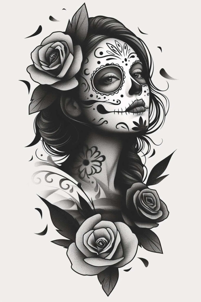 Black and grey illustration of a woman with sugar skull face paint, with roses in hair and around the neck; AI-generated tattoo project, ideal for cover-up.