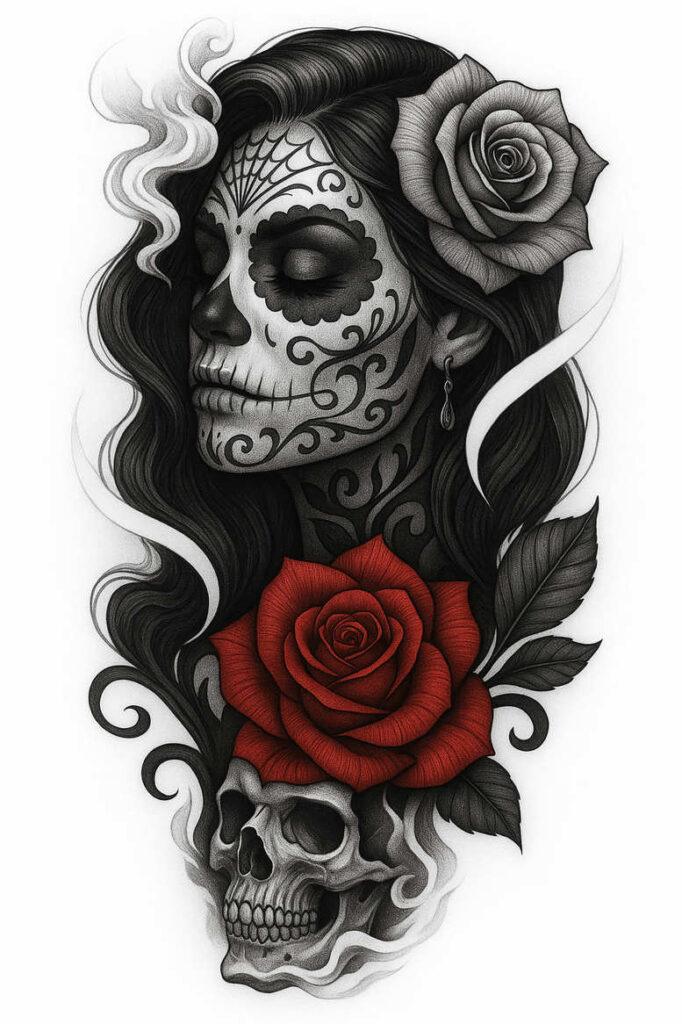 Black and grey sugar skull face with ornate filigree, long hair, red rose at the temple, skull at base, leaves and smoke; tattoo design concept, cover-up.