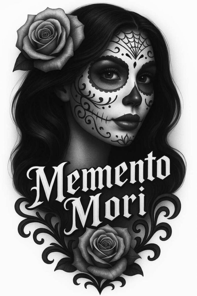 Face of a woman with black-and-grey sugar skull makeup, rose in hair, and Memento Mori text; tattoo design concept, cover-up suitable.