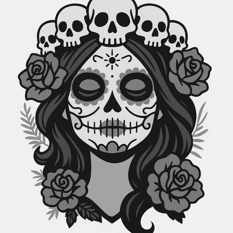 Sugar skull face in black and grey with flowing hair, roses at sides, crown of small skulls; AI-generated tattoo project, perfect for a cover-up.