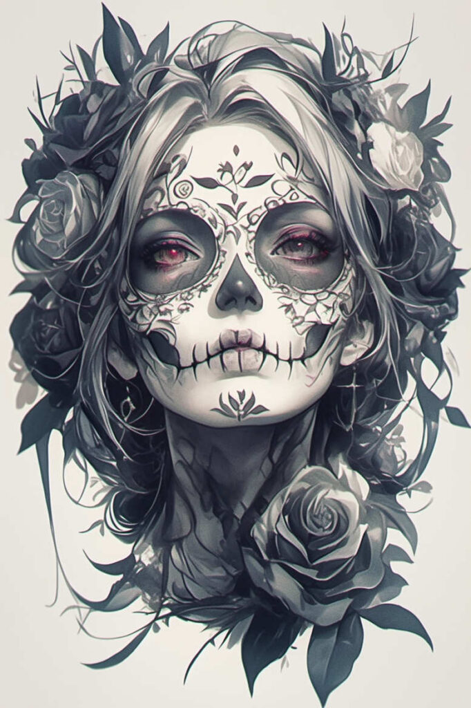 Face with sugar skull makeup in black and grey, roses and leaves pattern; tattoo design idea; cover-up ready.