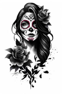 Face of a woman with sugar skull makeup in black and grey, roses in her hair, and cascading leaves; perfect for a cover-up tattoo project.