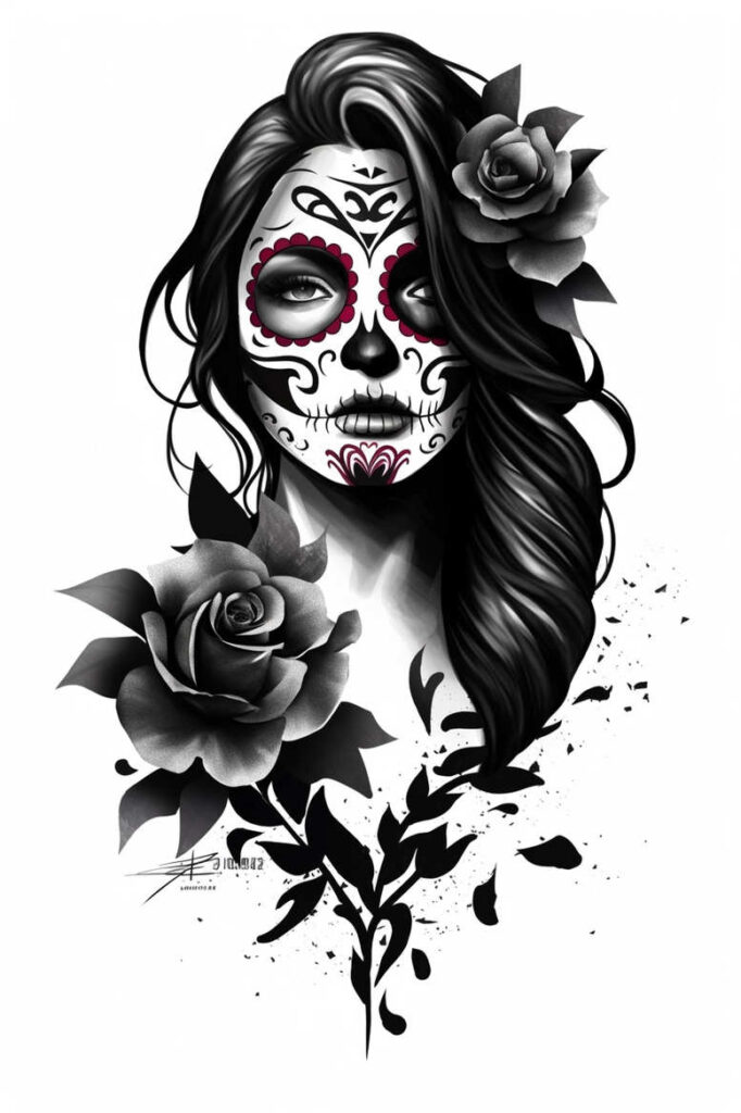 Face of a woman with sugar skull makeup in black and grey, roses in her hair, and cascading leaves; perfect for a cover-up tattoo project.