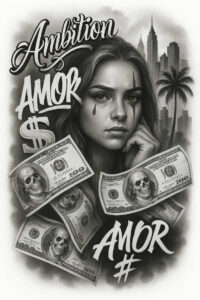 Portrait of a woman in black and grey shading with teardrop under the eye, skulls on money, palm trees and cityscape; tattoo design idea; cover-up suitable.