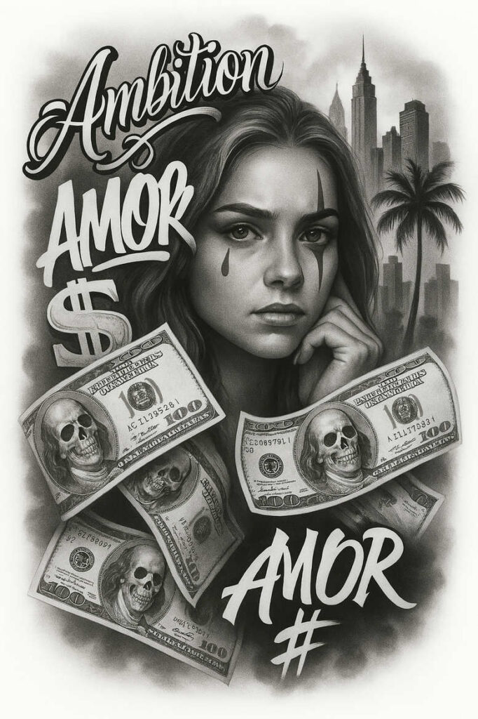 Portrait of a woman in black and grey shading with teardrop under the eye, skulls on money, palm trees and cityscape; tattoo design idea; cover-up suitable.