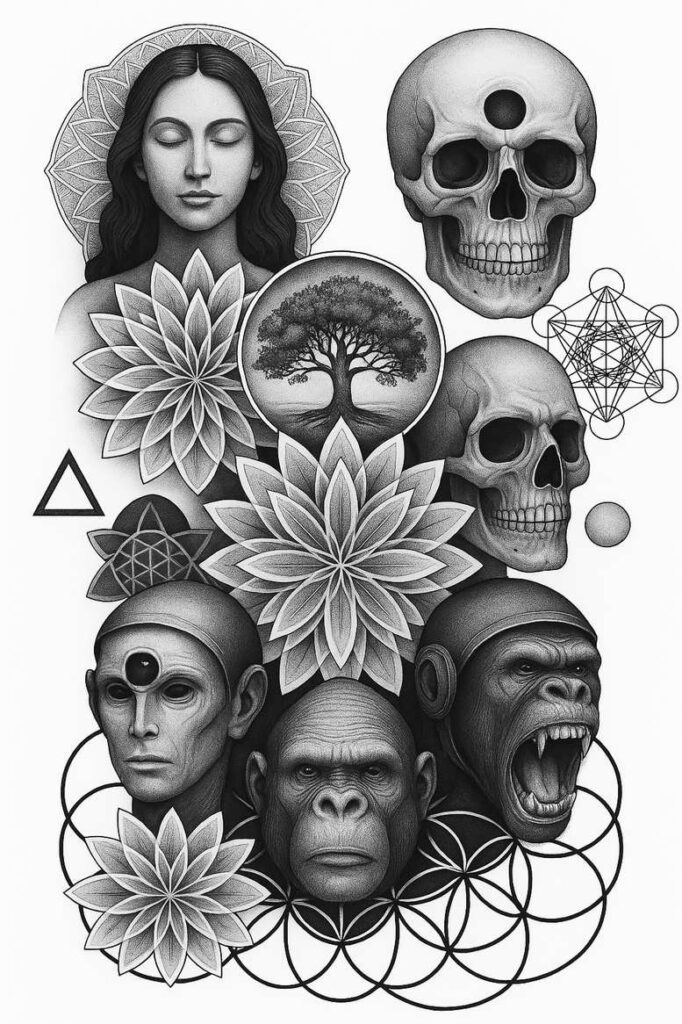 Woman head, skulls, tree in circle, lotus flowers, ape and monkey heads, geometric pattern, black and grey shading; cover-up tattoo project.