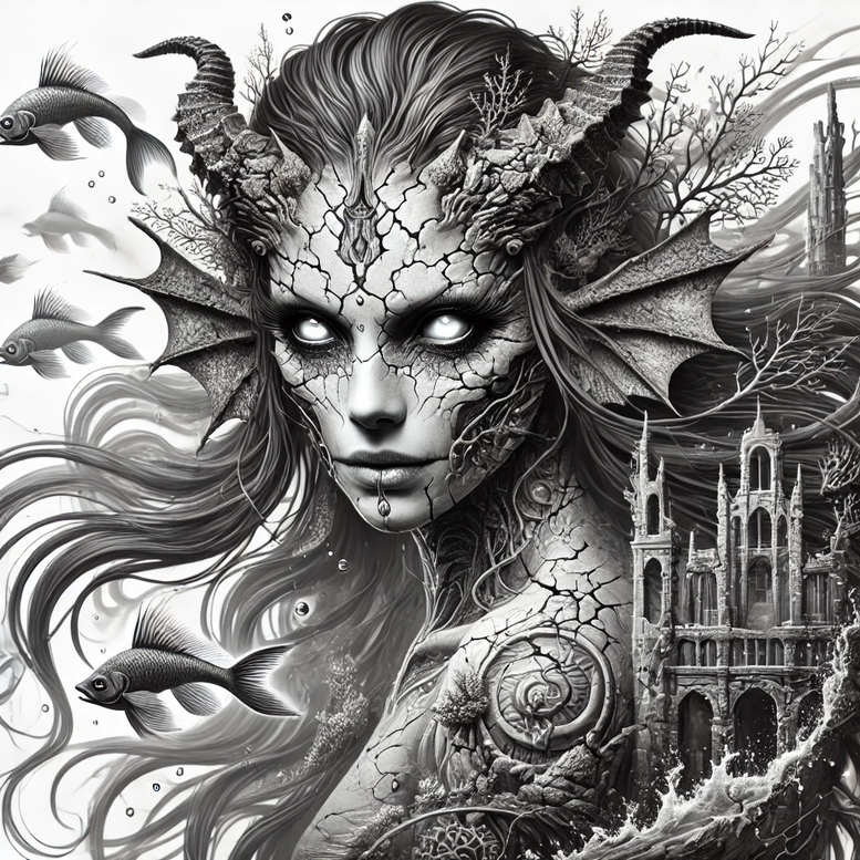 Face of a woman with cracked stone skin and horns, flowing hair, fish, and Gothic ruins in black and grey; AI-generated tattoo project; cover-up-ready pattern.