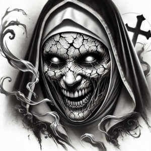 Skull with cracked grayscale surface under a hood, cross in the background, and wisps of smoke; black and grey tattoo project, cover-up ready.