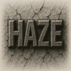 Block letters forming HAZE with cracked stone texture on a warm beige background; black and grey tattoo project idea; cover-up suitable.