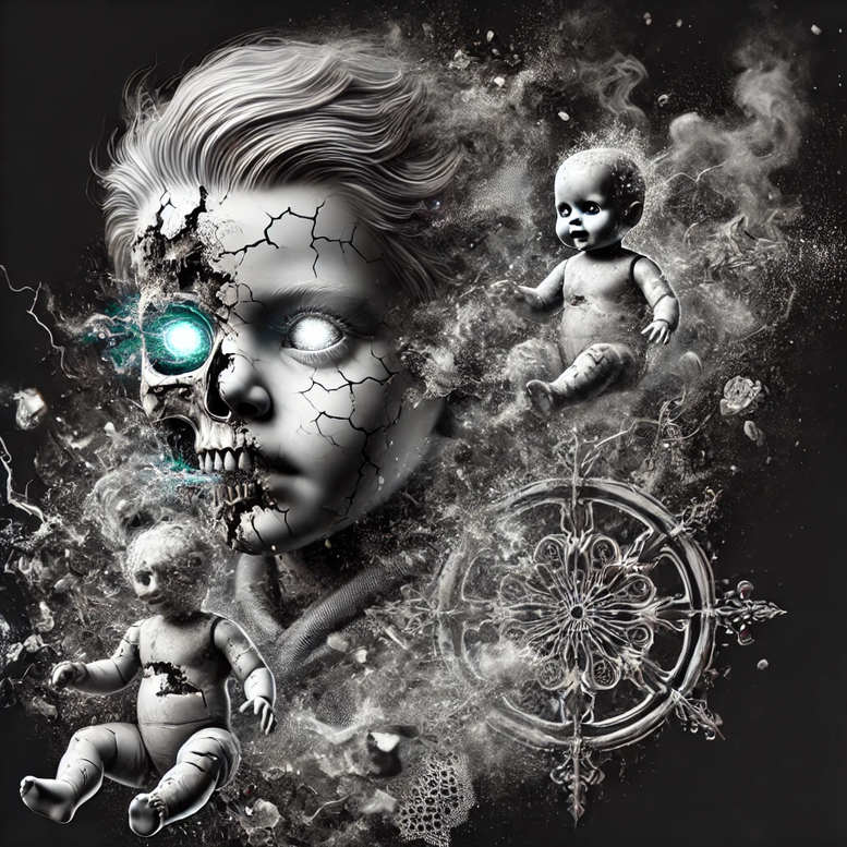 Head with cracked skin and a glowing teal eye in black and grey; pattern-rich cracks, dolls, smoke, and wheel visible; tattoo project idea for cover-up.