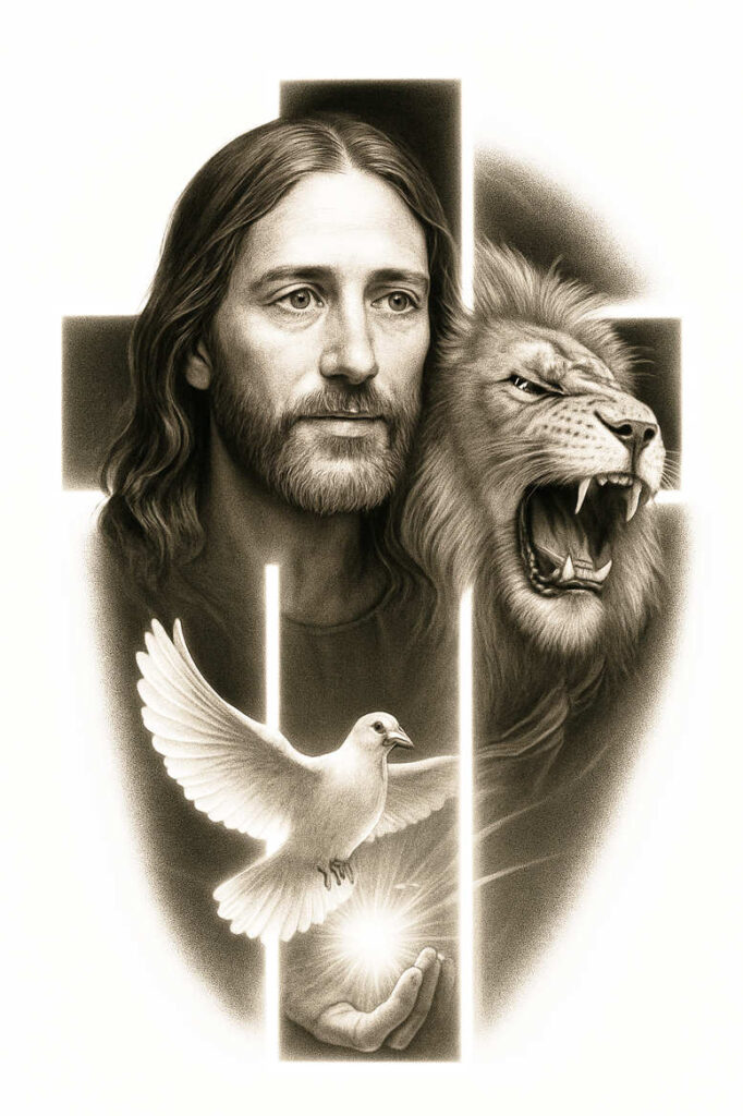 Jesus portrait with cross centerpiece, lion head to the right, and a dove in flight; black and grey composition, cover-up-ready concept.