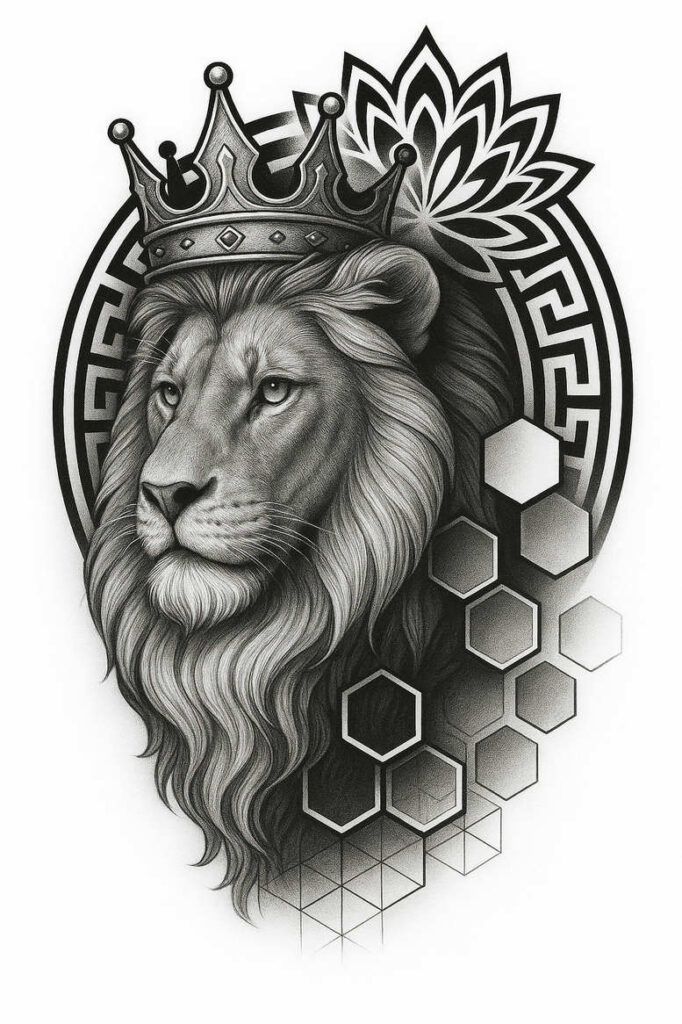 Lion head in black and grey wearing a crown, framed by a circular mandala and hexagon lattice; tattoo project, cover-up suitable.