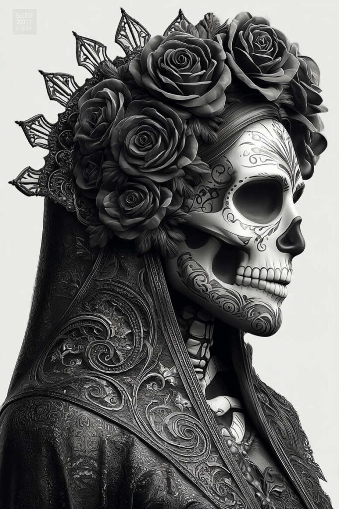 Dark black-and-grey skull portrait with a crown of roses, ornate cloak, and lace details; perfect for a cover-up tattoo project.