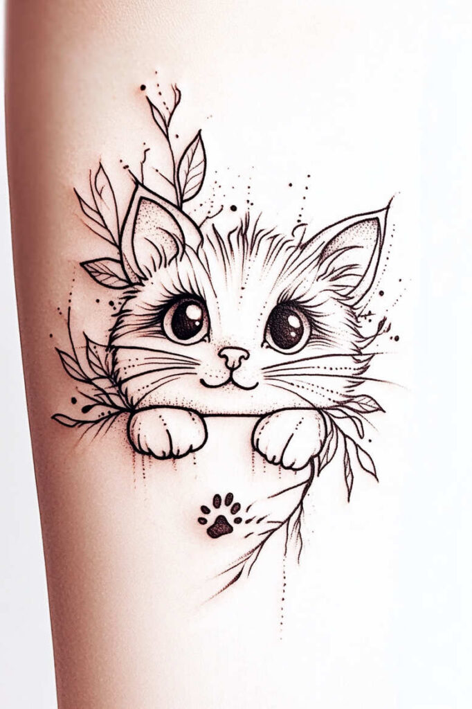 Cat illustration tattoo design in black and grey ink, kitten peeking over a line with leaves and a small paw print; project idea, not specifically for cover-up.