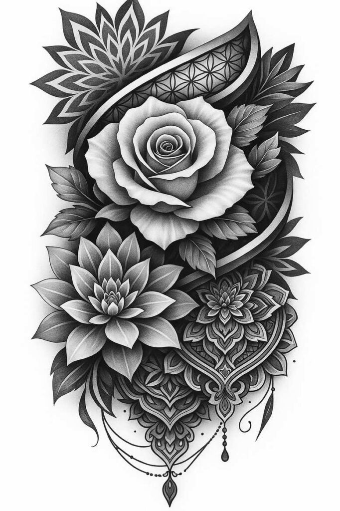 Black and grey tattoo design concept featuring a rose, lotus, mandala, and chain accents; a cover-up project.