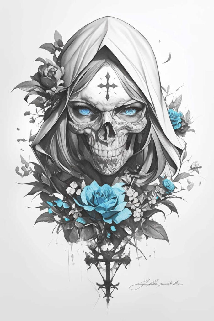 Skull, hooded figure, blue rose accents, leaves, and vines in black and grey; AI-generated tattoo project; cover-up friendly; pattern.