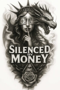 Black and grey tattoo design featuring a woman, dragon, dollar bill eyes, smoke, rose, and pyramid eye motif; project suitable for cover-up.