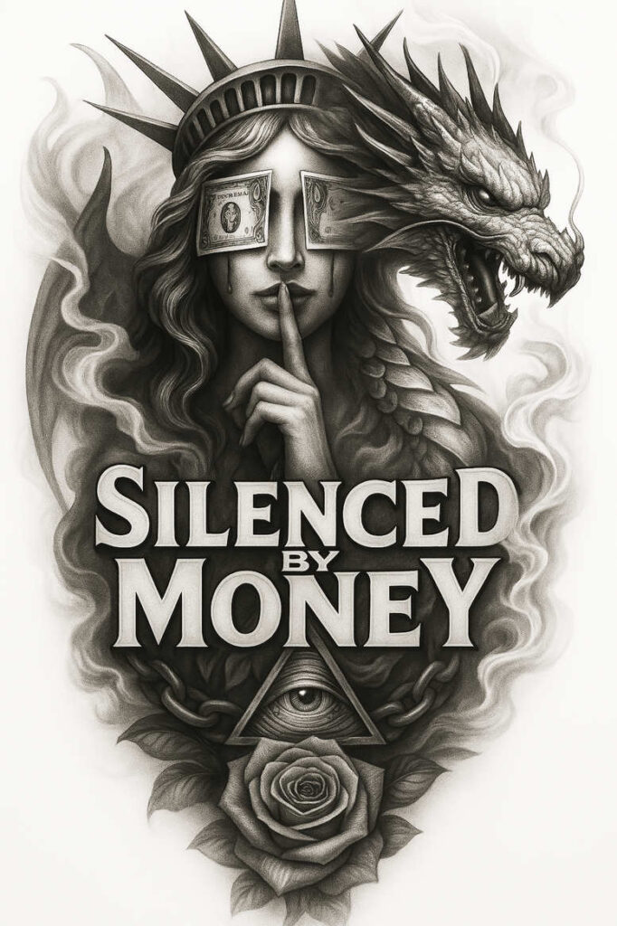 Black and grey tattoo design featuring a woman, dragon, dollar bill eyes, smoke, rose, and pyramid eye motif; project suitable for cover-up.