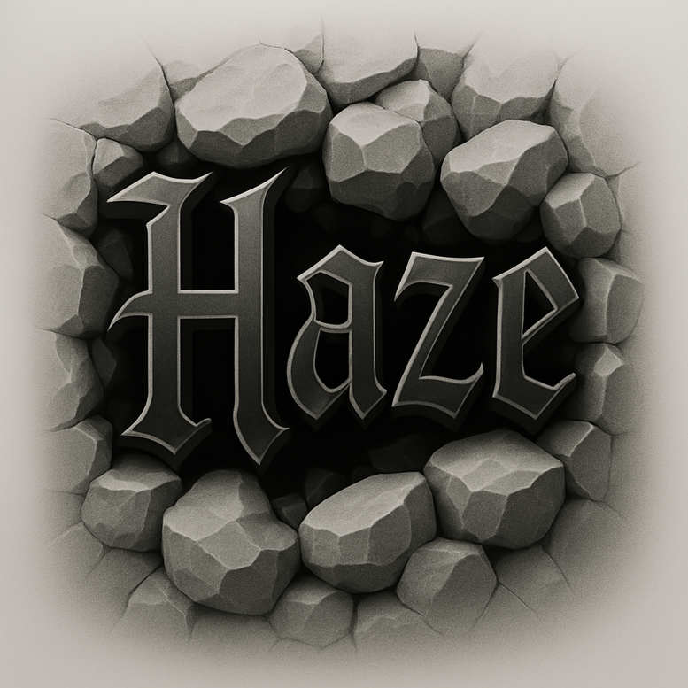 Black and grey tattoo design showing rocks framing bold gothic 'Haze' lettering; visible objects: rock, letter; project; suitable for cover-up.