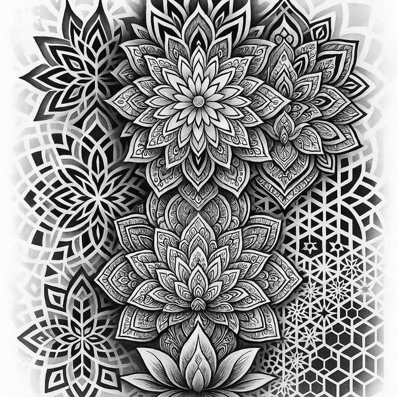 Black and grey lotus, mandala, and geometric pattern tattoo design; a cover-up-ready project.