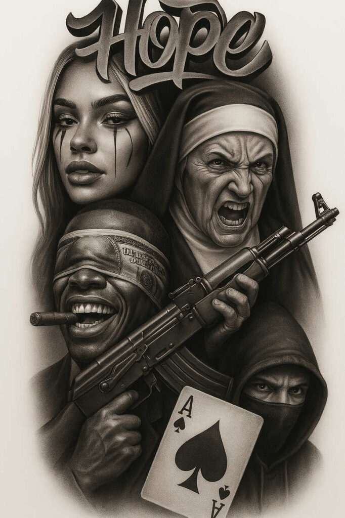 Black and grey tattoo design showing a woman portrait with tears, a screaming nun, a masked fighter with a rifle, and an ace of spades card; cover-up project.