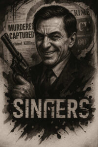 Portrait of a man in a suit holding a revolver, black and grey ink; tattoo project, suitable for a cover-up.