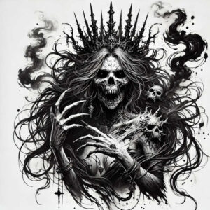 Skull with crown, bony hands, flowing hair, and smoky background in black and grey; AI-generated tattoo project; two skulls visible; suitable for a cover-up.