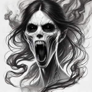 Face with open mouth and hollow eyes, long hair, and flowing smoke in black and grey; tattoo project, cover-up.