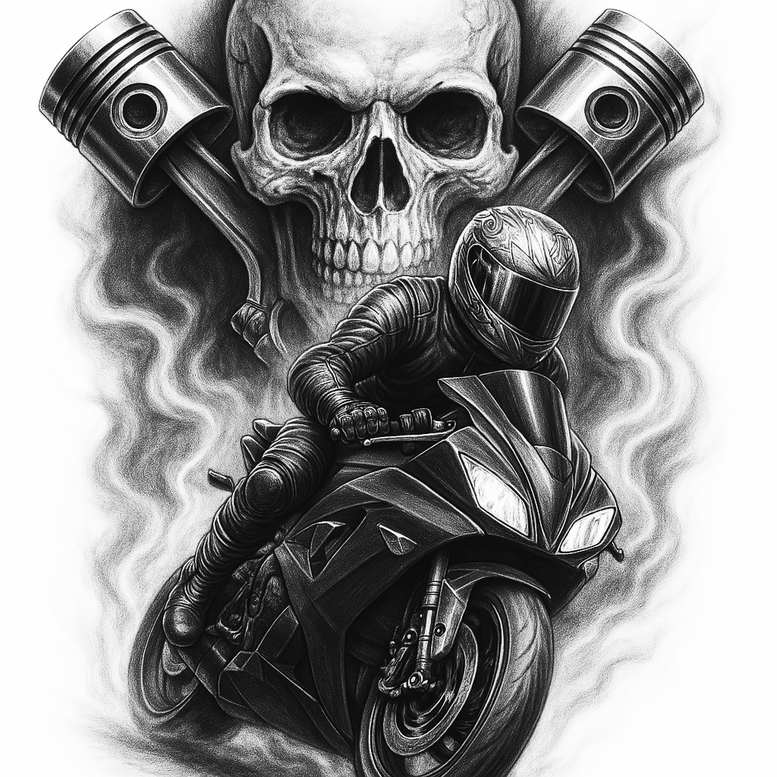 Skull and rider on a black and grey sport motorcycle with pistons and a smoky background; tattoo design concept, AI-generated, cover-up ready.