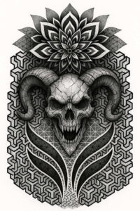 Black and grey skull with ram horns, mandala crown, and geometric pattern backdrop; project, perfect for cover-up.