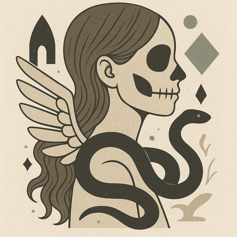 Skull, wing, snake, neck, hair, diamond, circle; black and grey ink; AI-generated tattoo project; cover-up ready.