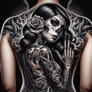 Backpiece in black and grey with rose, skull, hand, watch, and leaf motifs; project-ready for cover-up.
