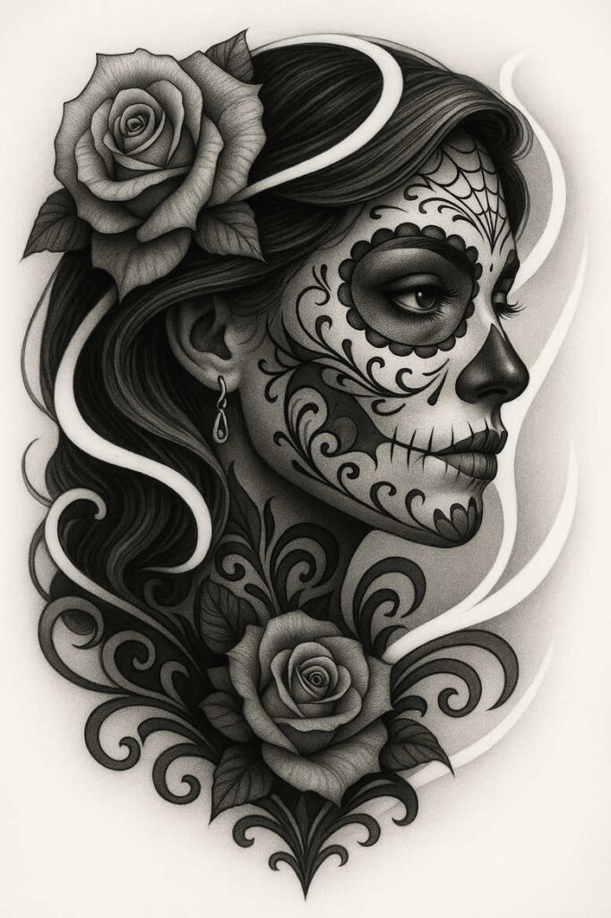 Black and grey portrait of a woman with sugar skull face paint, roses in hair, and ornate floral filigree; project idea; suitable for a cover-up.