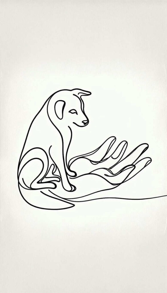 Dog silhouette and open hand line drawing in black ink on white background; black and grey project; suitable for cover-up.