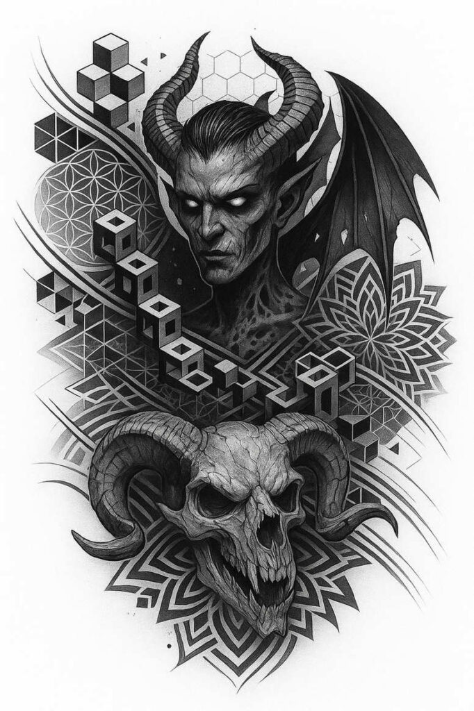 Demon head with horns in black and grey, wing, skull, cube, hexagon, and flower mandala pattern; tattoo project idea; cover-up ready.