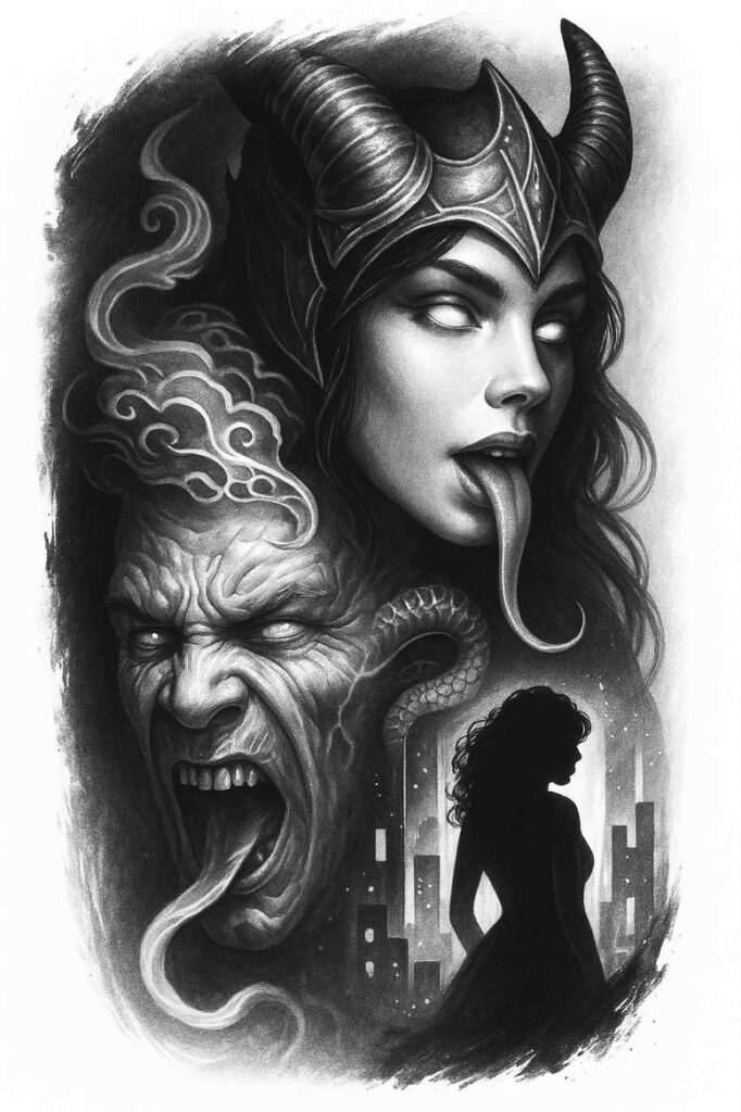 Black and grey, AI-generated tattoo project: demon, helmet, tongue, silhouette, cityscape, cloud; cover-up suitable.