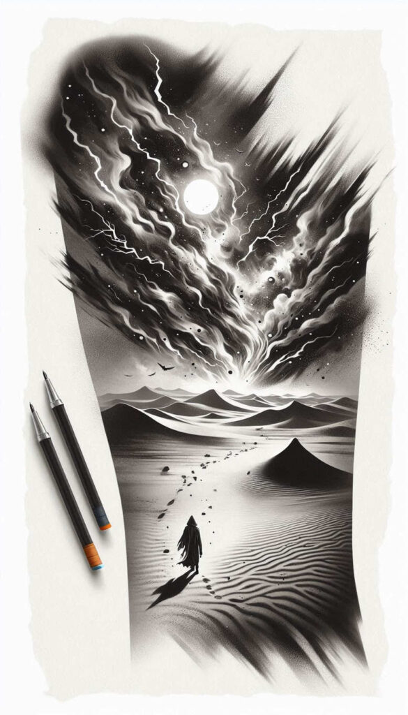 Figure in a black cloak walks through a black-and-grey desert toward a luminous moon; a pencil with orange and blue erasers rests to the left; cloud overhead; bird in flight; dune on the horizon; tattoo project.