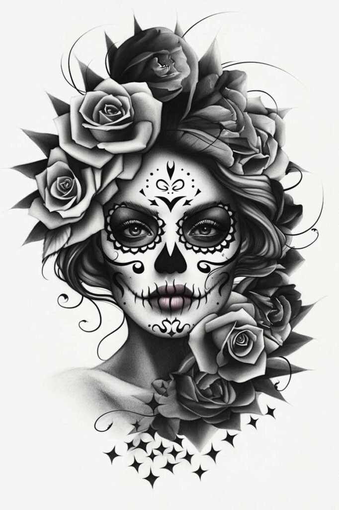 Face with Day of the Dead sugar skull makeup in black and grey, surrounded by roses and flowing hair; AI-generated tattoo project idea; cover-up suitable.