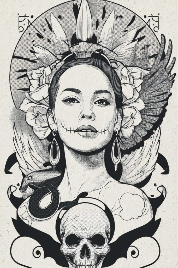 Black and grey tattoo design featuring a woman portrait, skull, snake, wing, flowers, and earrings; project idea; cover-up: possible.