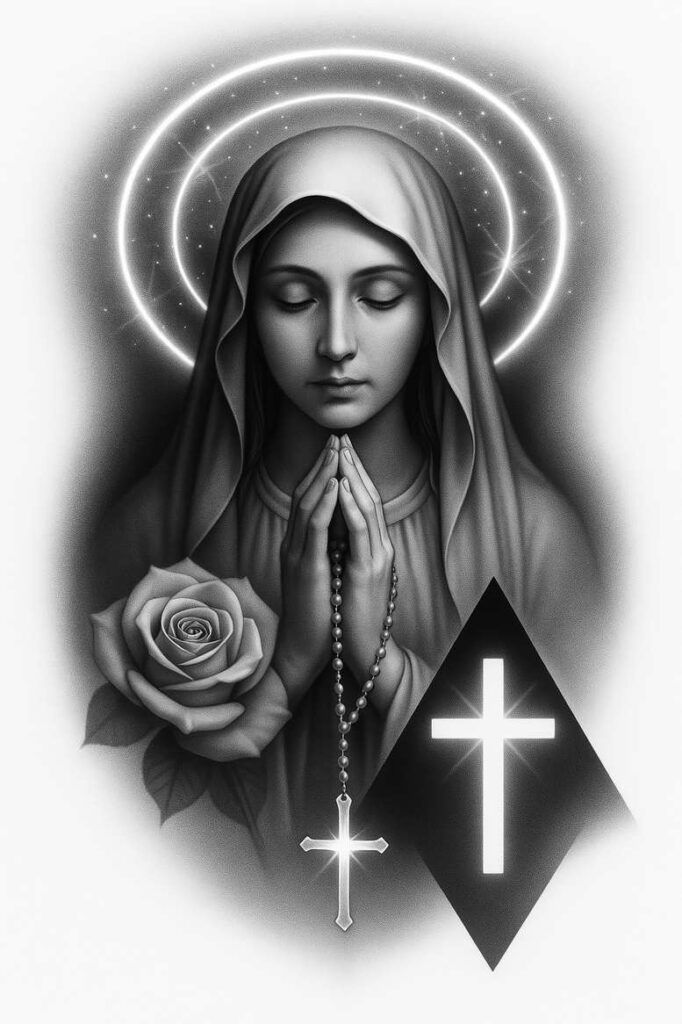 Nun portrait in black and grey, praying hands with rosary beads, rose, and a diamond-shaped cross; halo rings glow behind; tattoo project, suitable for cover-up.