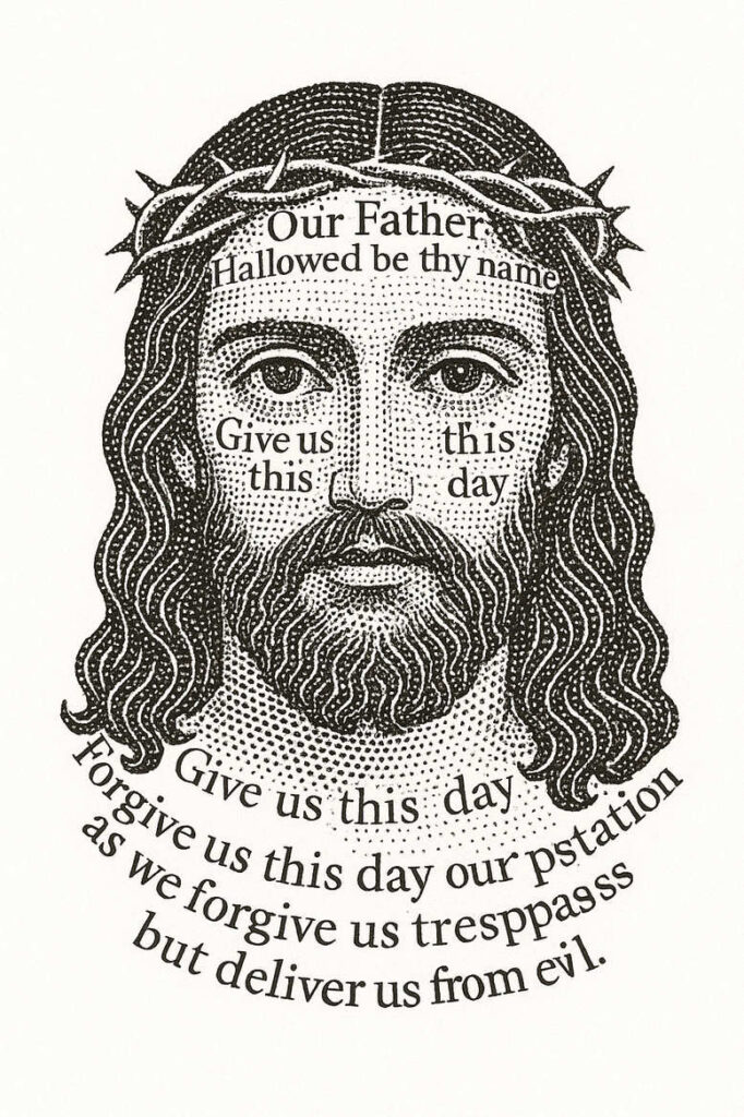 Face with long hair and beard, crown of thorns, and flowing text across forehead and jaw in black and grey; tattoo project idea; pattern present; not a cover-up.